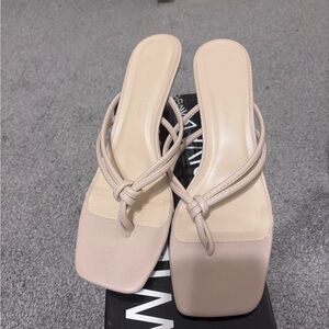 Elegant Women's Beige Squared Toe Heeled Sandals Size 8.5